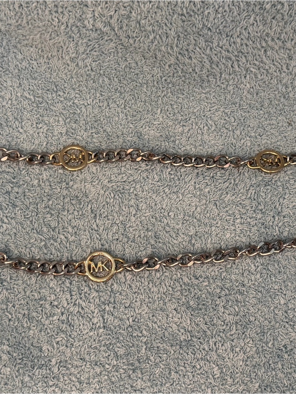 Michael Kors Women Two Tone MK Logo Metal Chain Belt 42 inch Silver & Gold